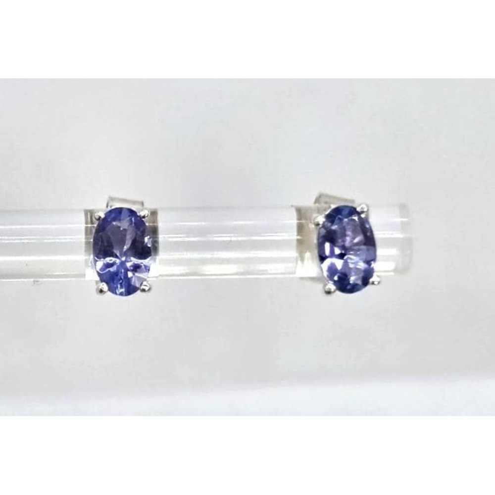 Tanzanite Oval Stud Earrings Sterling Silver Prong Set Purple Faceted 6mm x 4mm